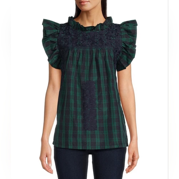 J.Marie Joyce Embroidered Ruffle Neck Cap Sleeve Plaid Top - Picture 2 of 12
